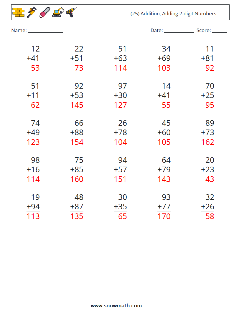 (25) Addition, Adding 2-digit Numbers Math Worksheets 12 Question, Answer