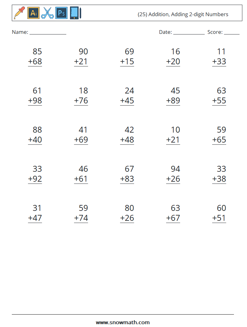 (25) Addition, Adding 2-digit Numbers Math Worksheets 13