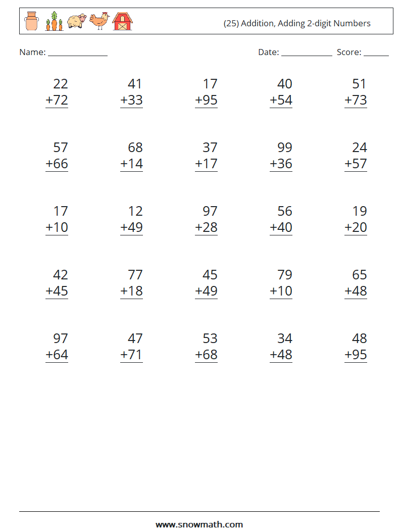 (25) Addition, Adding 2-digit Numbers Math Worksheets 14