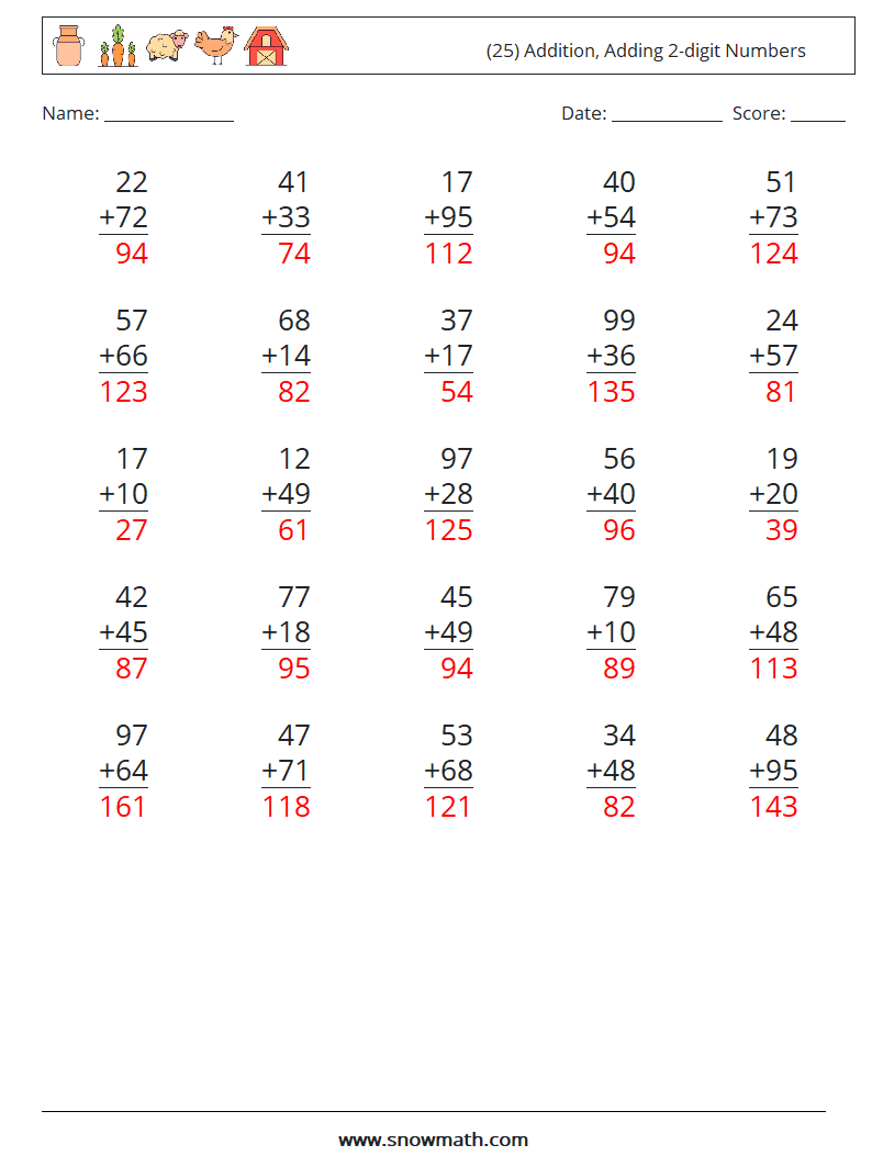 (25) Addition, Adding 2-digit Numbers Math Worksheets 14 Question, Answer