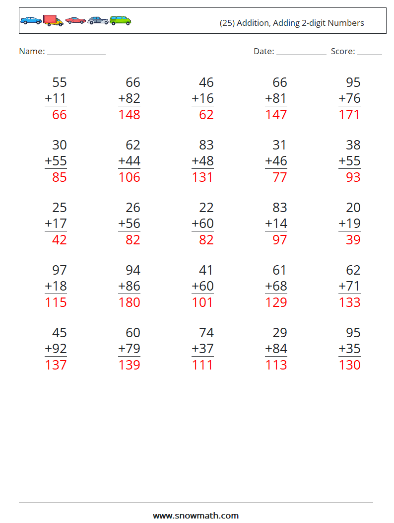 (25) Addition, Adding 2-digit Numbers Math Worksheets 15 Question, Answer