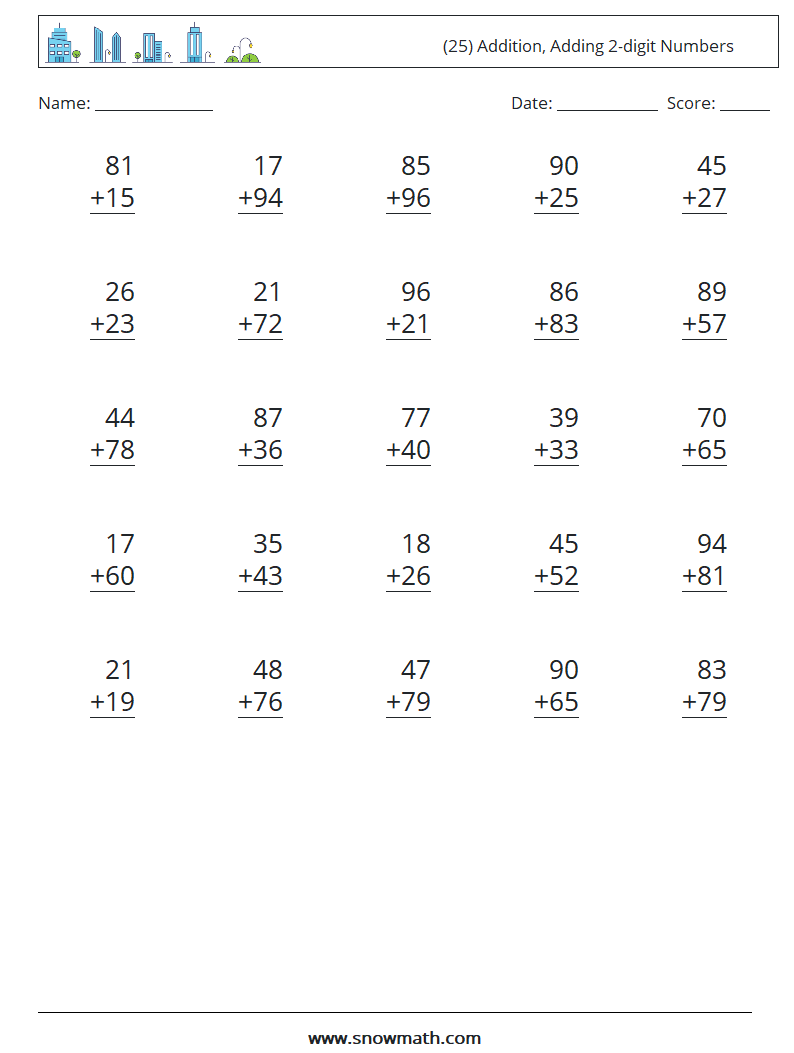 (25) Addition, Adding 2-digit Numbers Math Worksheets 16