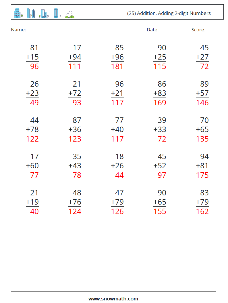 (25) Addition, Adding 2-digit Numbers Math Worksheets 16 Question, Answer