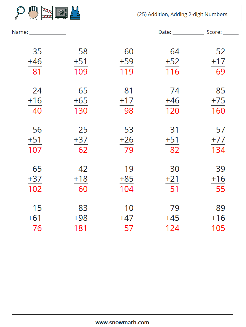 (25) Addition, Adding 2-digit Numbers Math Worksheets 17 Question, Answer