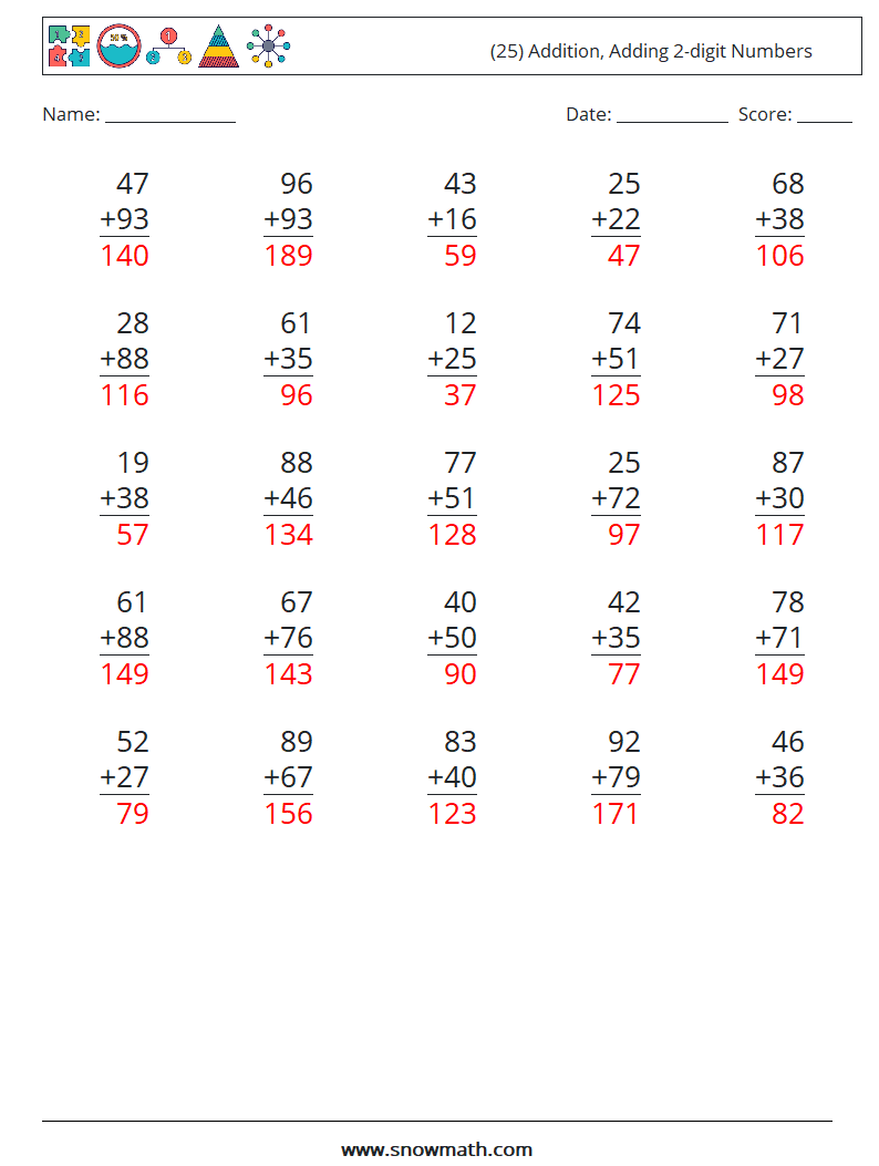 (25) Addition, Adding 2-digit Numbers Math Worksheets 1 Question, Answer