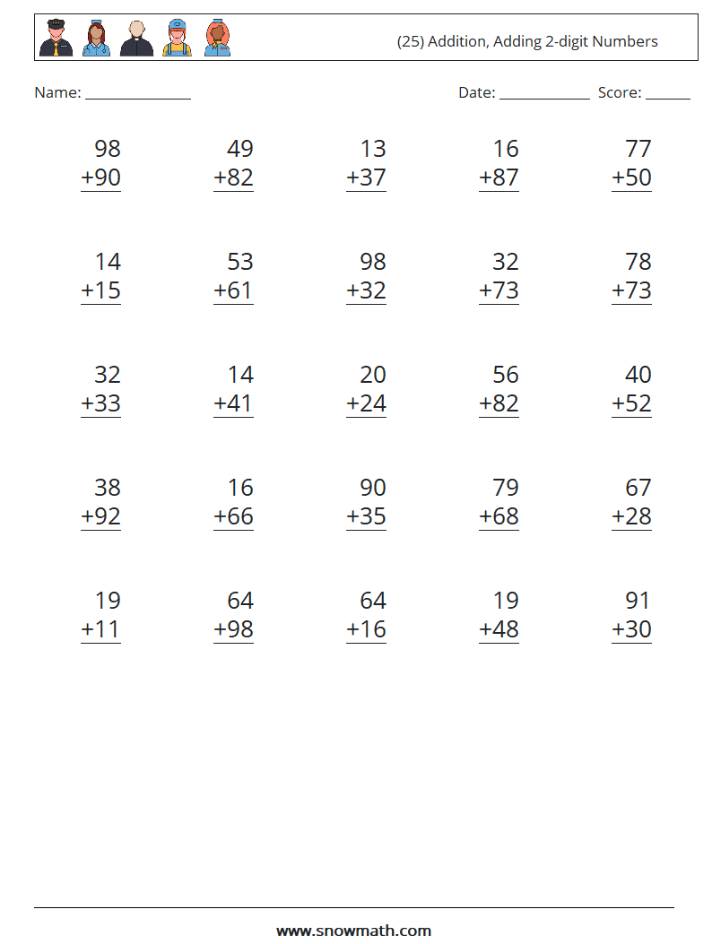 (25) Addition, Adding 2-digit Numbers Math Worksheets 2