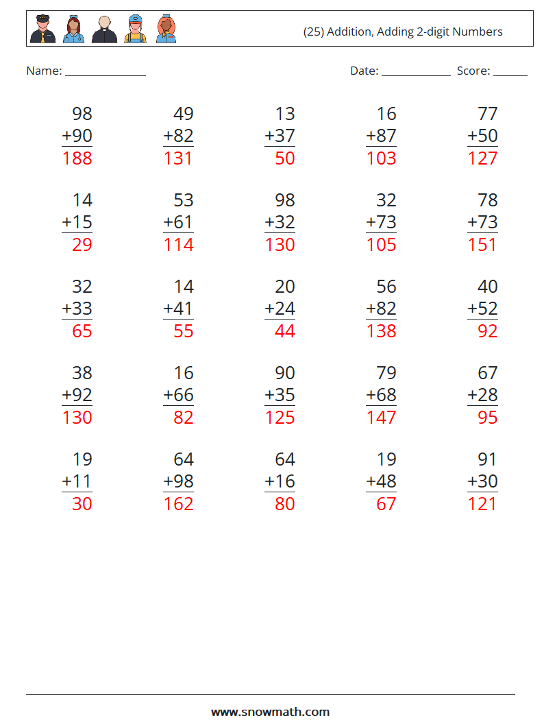 (25) Addition, Adding 2-digit Numbers Math Worksheets 2 Question, Answer