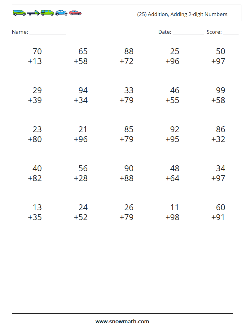 (25) Addition, Adding 2-digit Numbers Math Worksheets 3