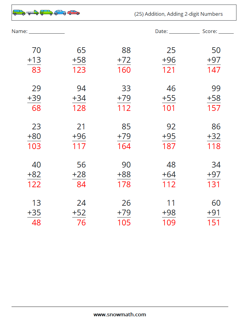 (25) Addition, Adding 2-digit Numbers Math Worksheets 3 Question, Answer