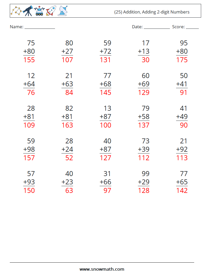 (25) Addition, Adding 2-digit Numbers Math Worksheets 4 Question, Answer