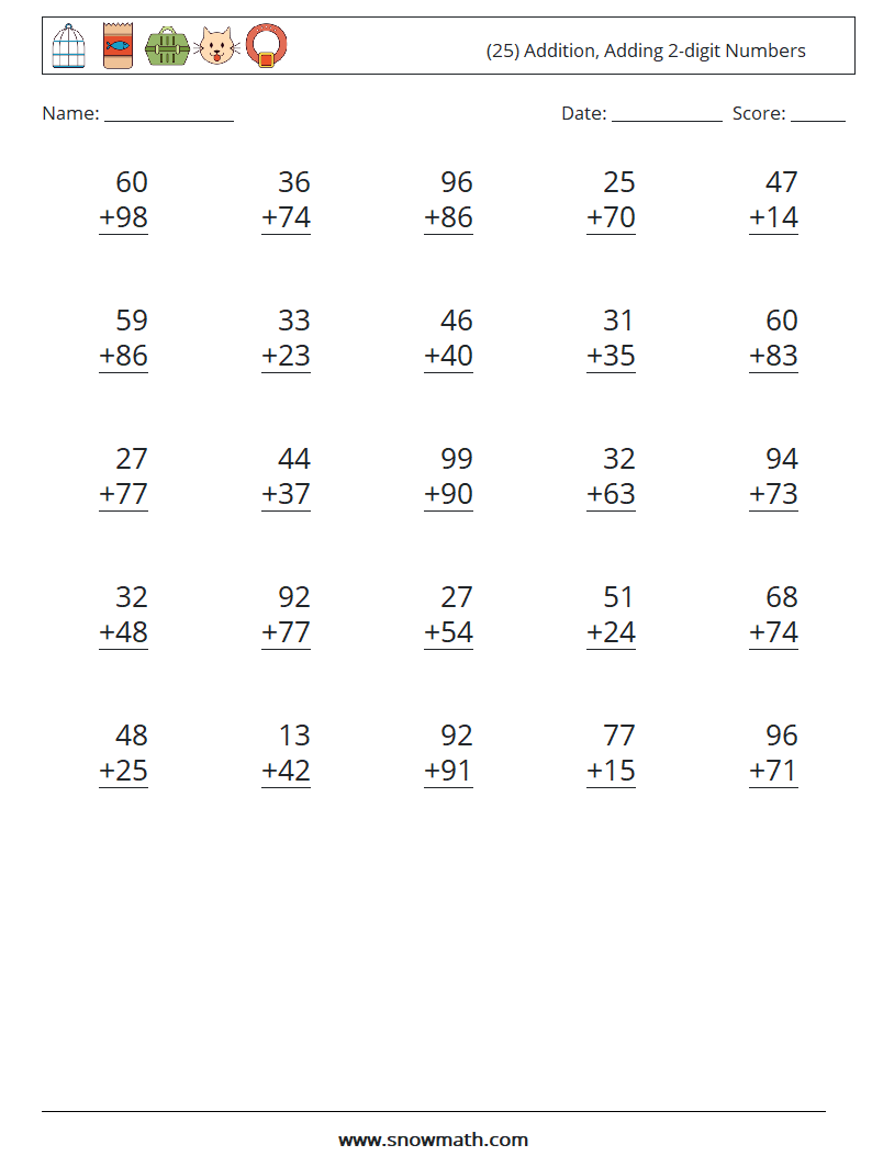 (25) Addition, Adding 2-digit Numbers Math Worksheets 6