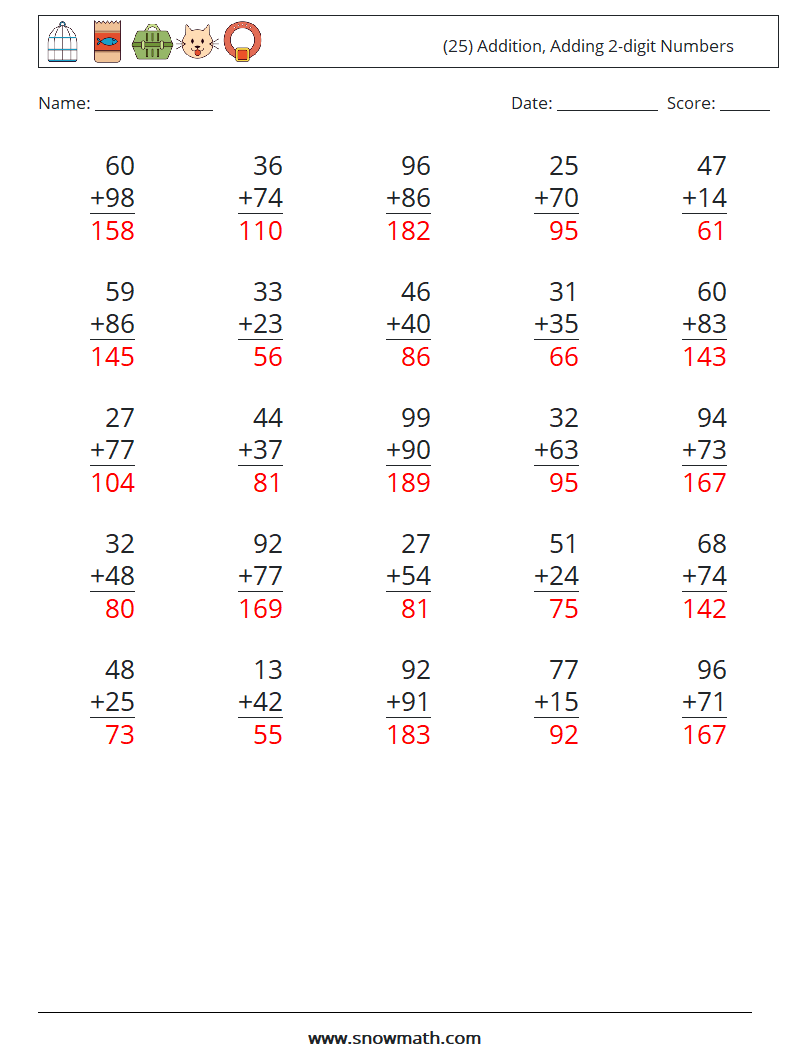 (25) Addition, Adding 2-digit Numbers Math Worksheets 6 Question, Answer