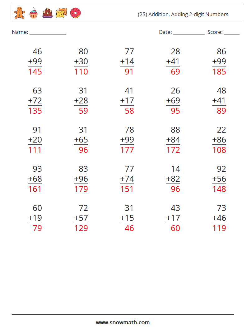 (25) Addition, Adding 2-digit Numbers Math Worksheets 7 Question, Answer