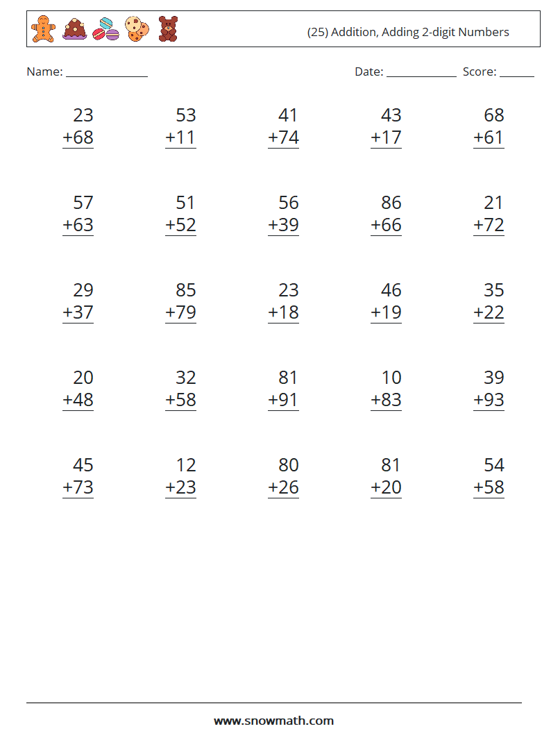 (25) Addition, Adding 2-digit Numbers Math Worksheets 8