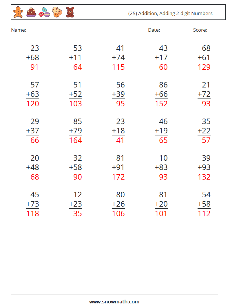 (25) Addition, Adding 2-digit Numbers Math Worksheets 8 Question, Answer