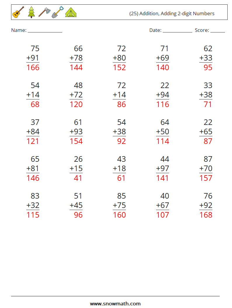 (25) Addition, Adding 2-digit Numbers Math Worksheets 9 Question, Answer