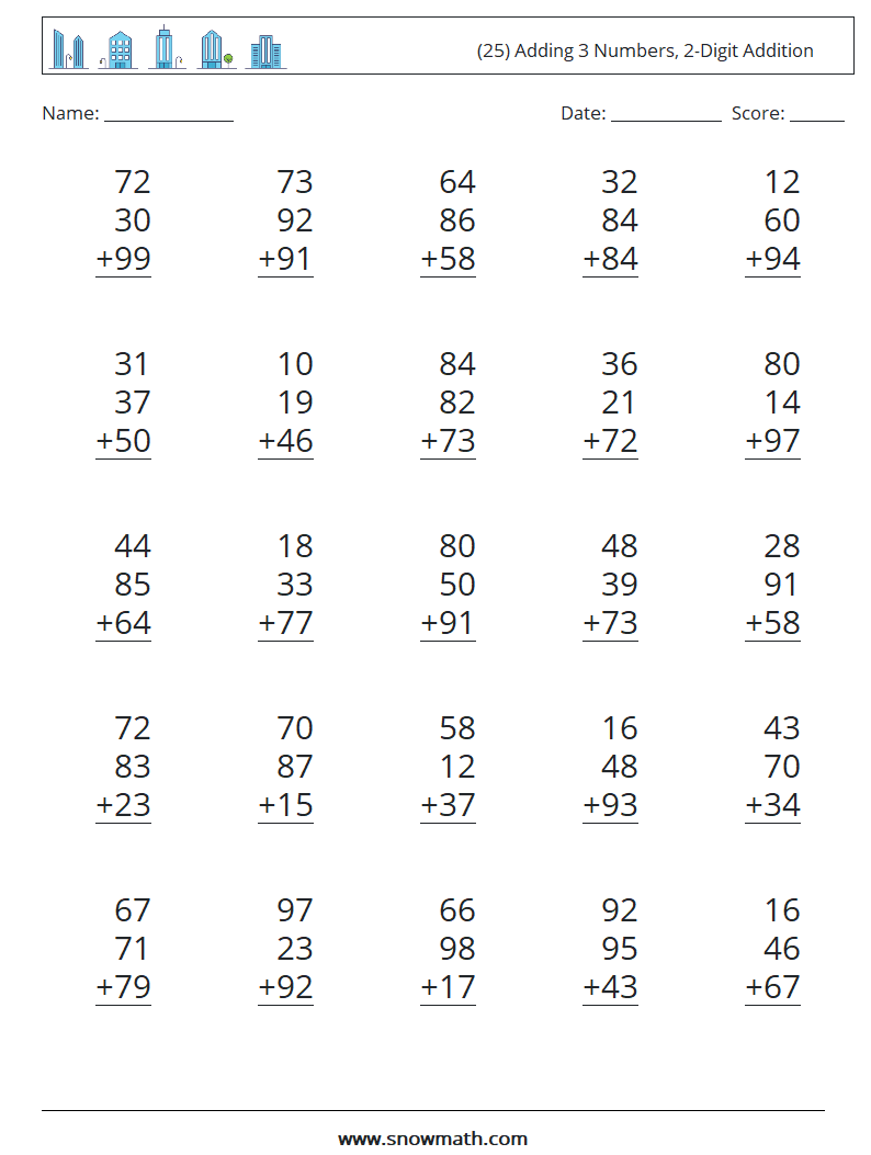 (25) Adding 3 Numbers, 2-Digit Addition