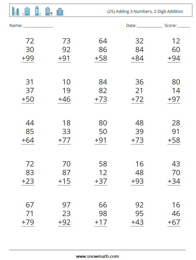 (25) Adding 3 Numbers, 2-Digit Addition Math Worksheets 1