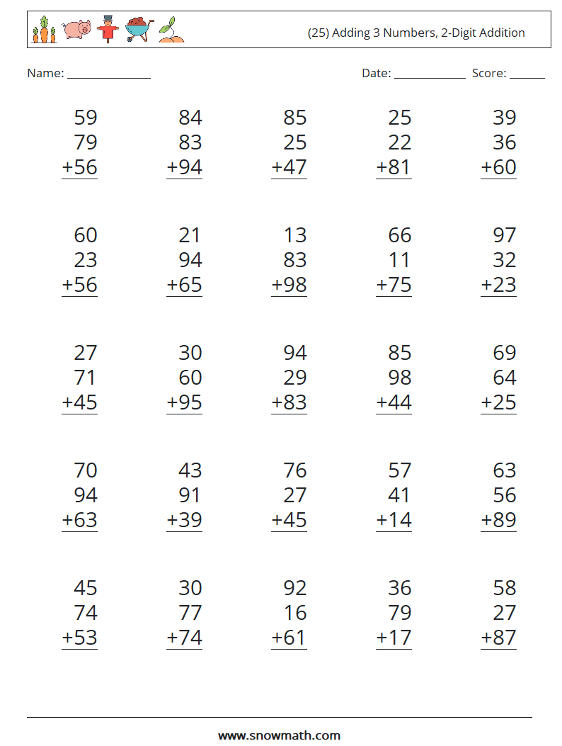 (25) Adding 3 Numbers, 2-Digit Addition Math Worksheets 10