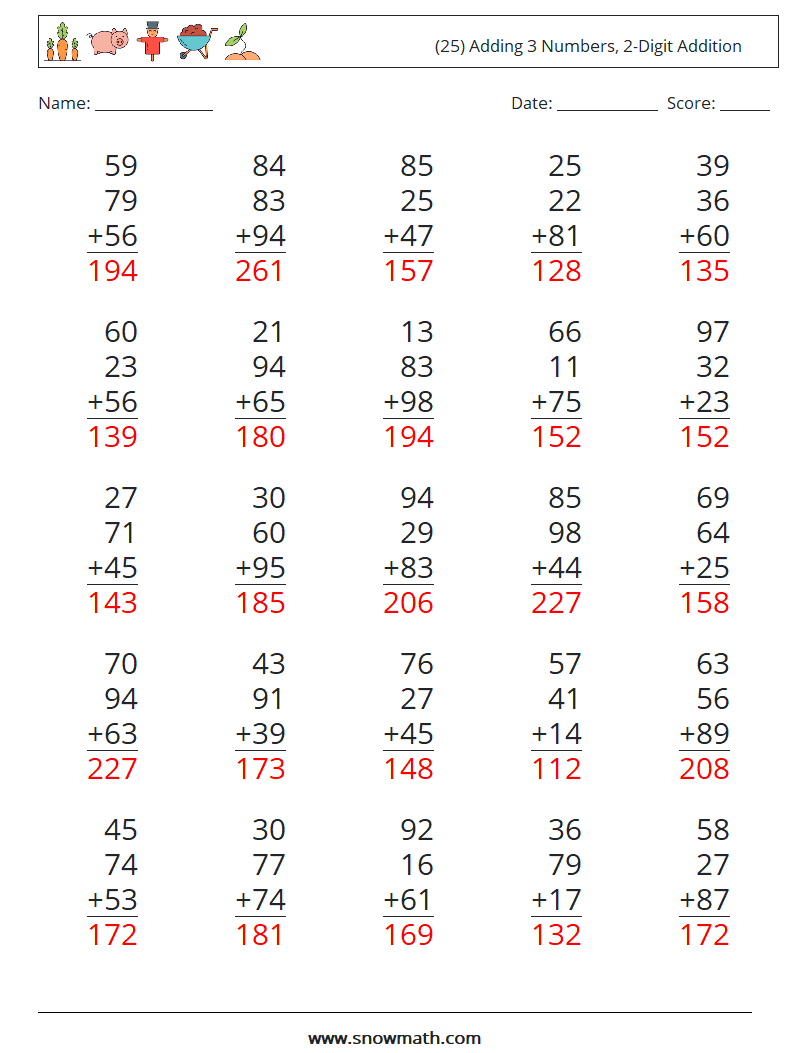 (25) Adding 3 Numbers, 2-Digit Addition Math Worksheets 10 Question, Answer