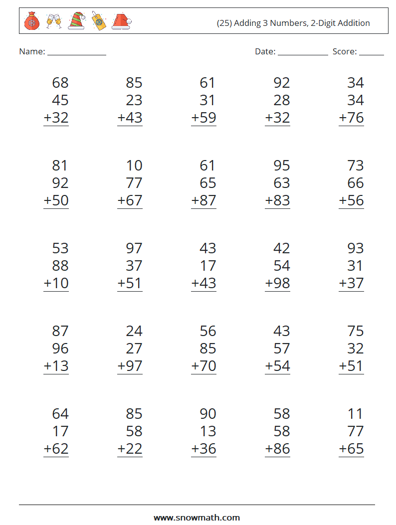 (25) Adding 3 Numbers, 2-Digit Addition Math Worksheets 11