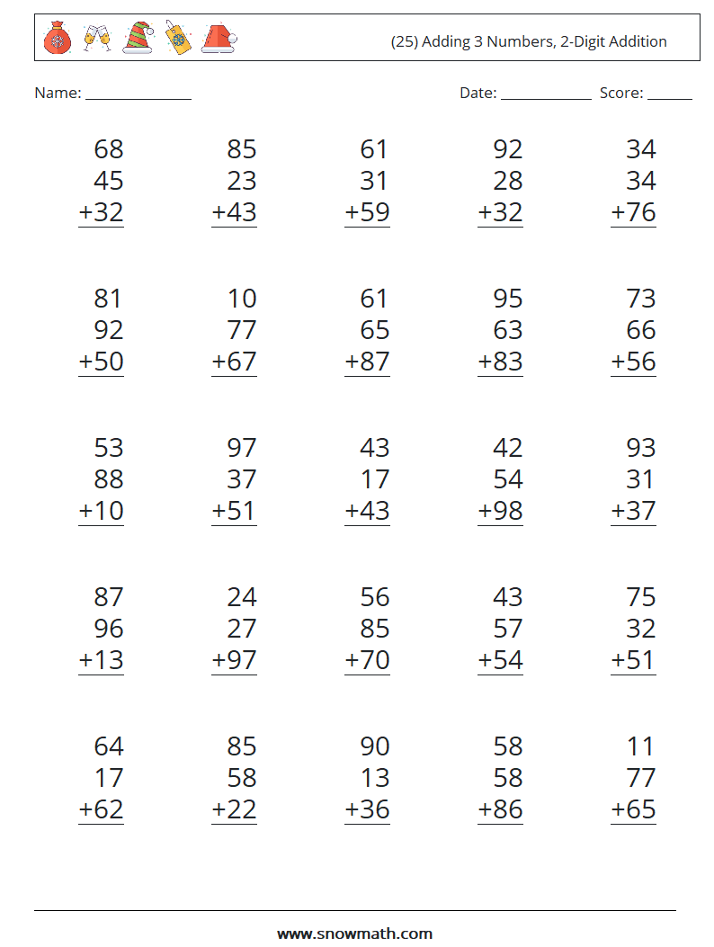 (25) Adding 3 Numbers, 2-Digit Addition Maths Worksheets 11