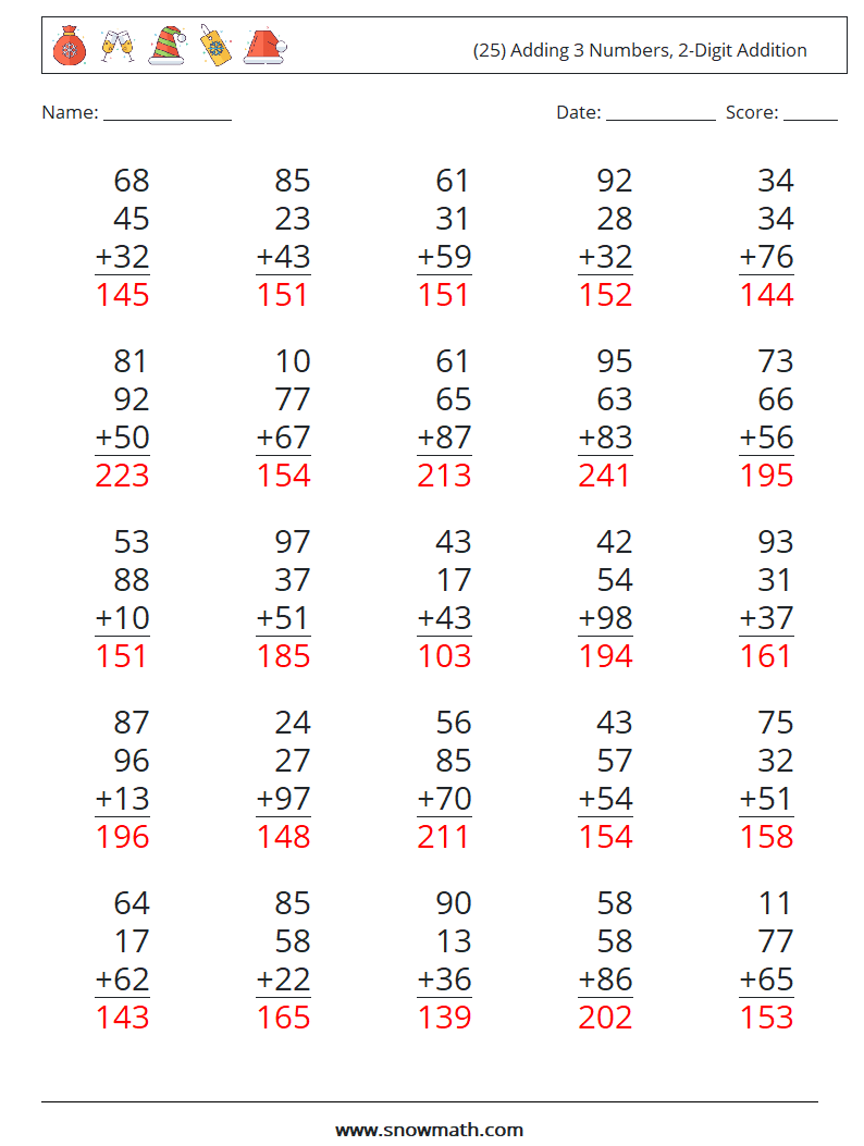 (25) Adding 3 Numbers, 2-Digit Addition Math Worksheets 11 Question, Answer