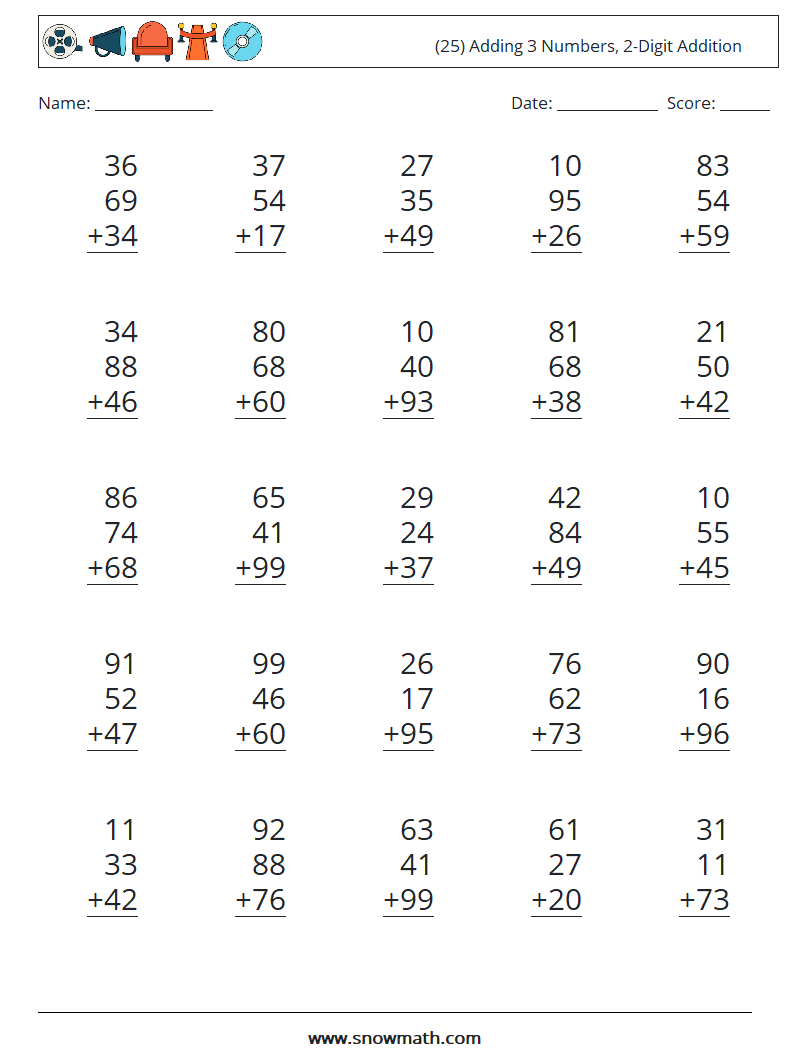 (25) Adding 3 Numbers, 2-Digit Addition Maths Worksheets 12