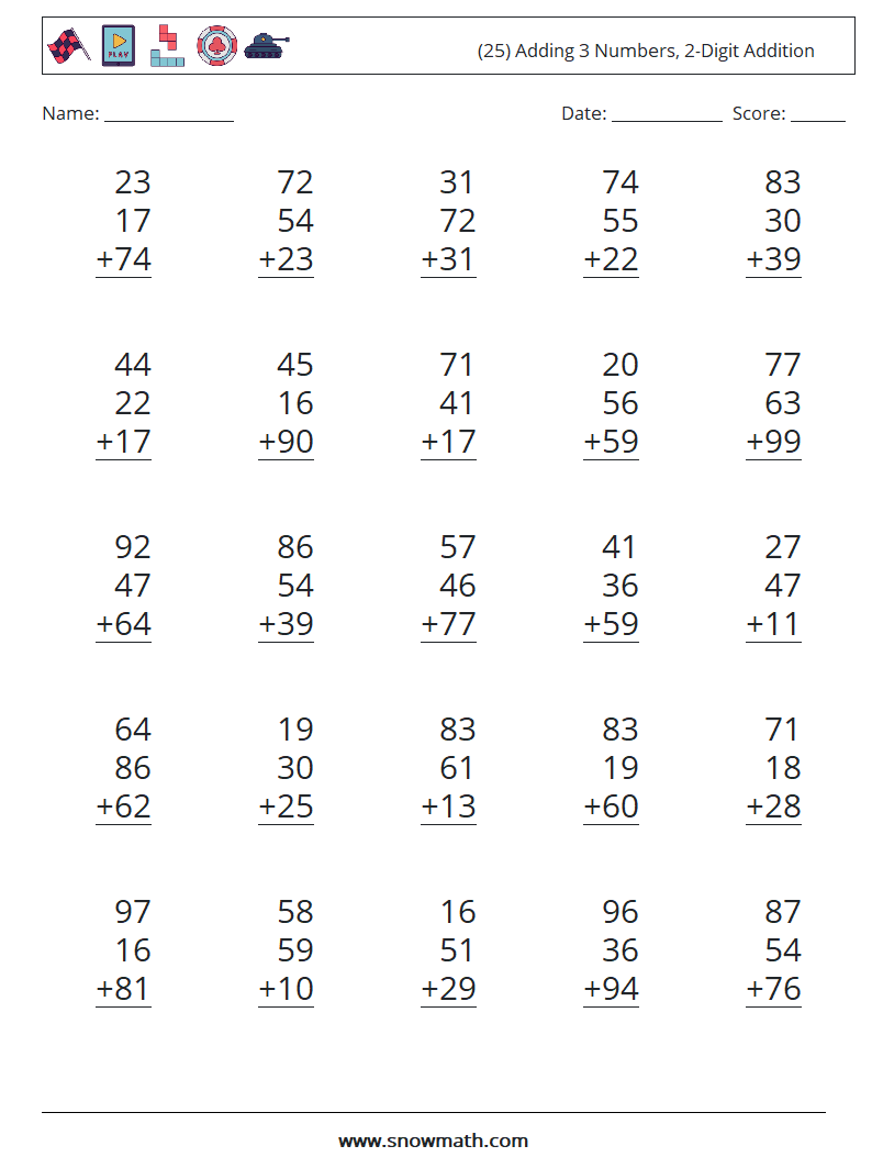 (25) Adding 3 Numbers, 2-Digit Addition Math Worksheets 13