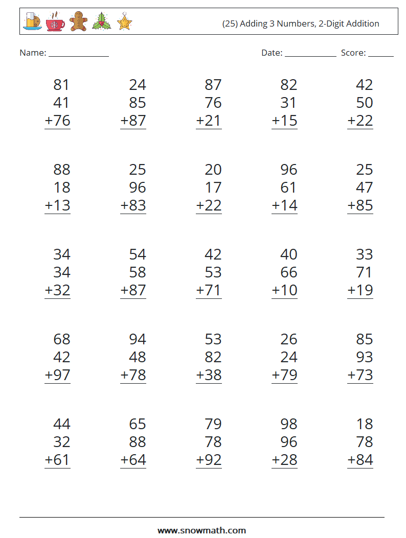 (25) Adding 3 Numbers, 2-Digit Addition Math Worksheets 14