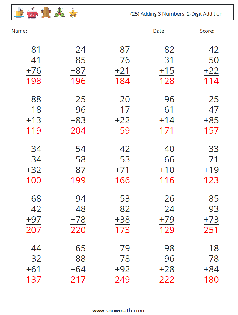 (25) Adding 3 Numbers, 2-Digit Addition Math Worksheets 14 Question, Answer