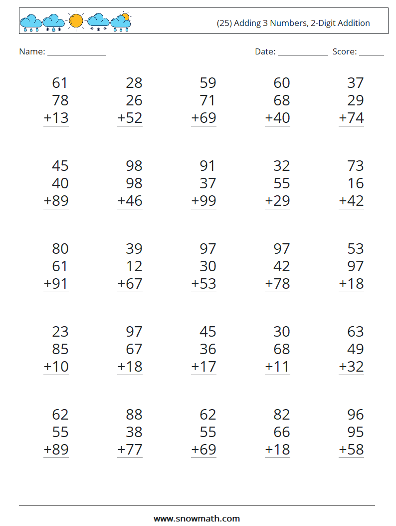 (25) Adding 3 Numbers, 2-Digit Addition Math Worksheets 15