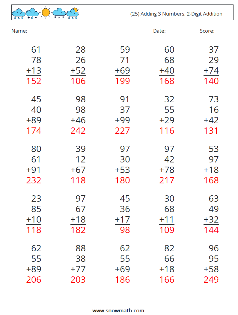 (25) Adding 3 Numbers, 2-Digit Addition Math Worksheets 15 Question, Answer