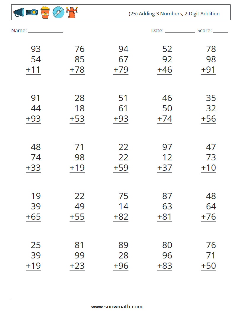 (25) Adding 3 Numbers, 2-Digit Addition Math Worksheets 16