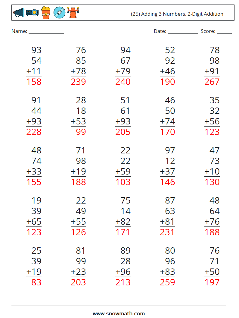 (25) Adding 3 Numbers, 2-Digit Addition Math Worksheets 16 Question, Answer