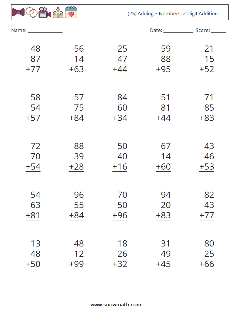 (25) Adding 3 Numbers, 2-Digit Addition Math Worksheets 17