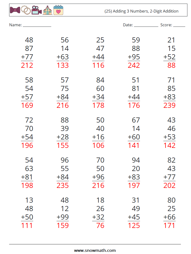 (25) Adding 3 Numbers, 2-Digit Addition Math Worksheets 17 Question, Answer