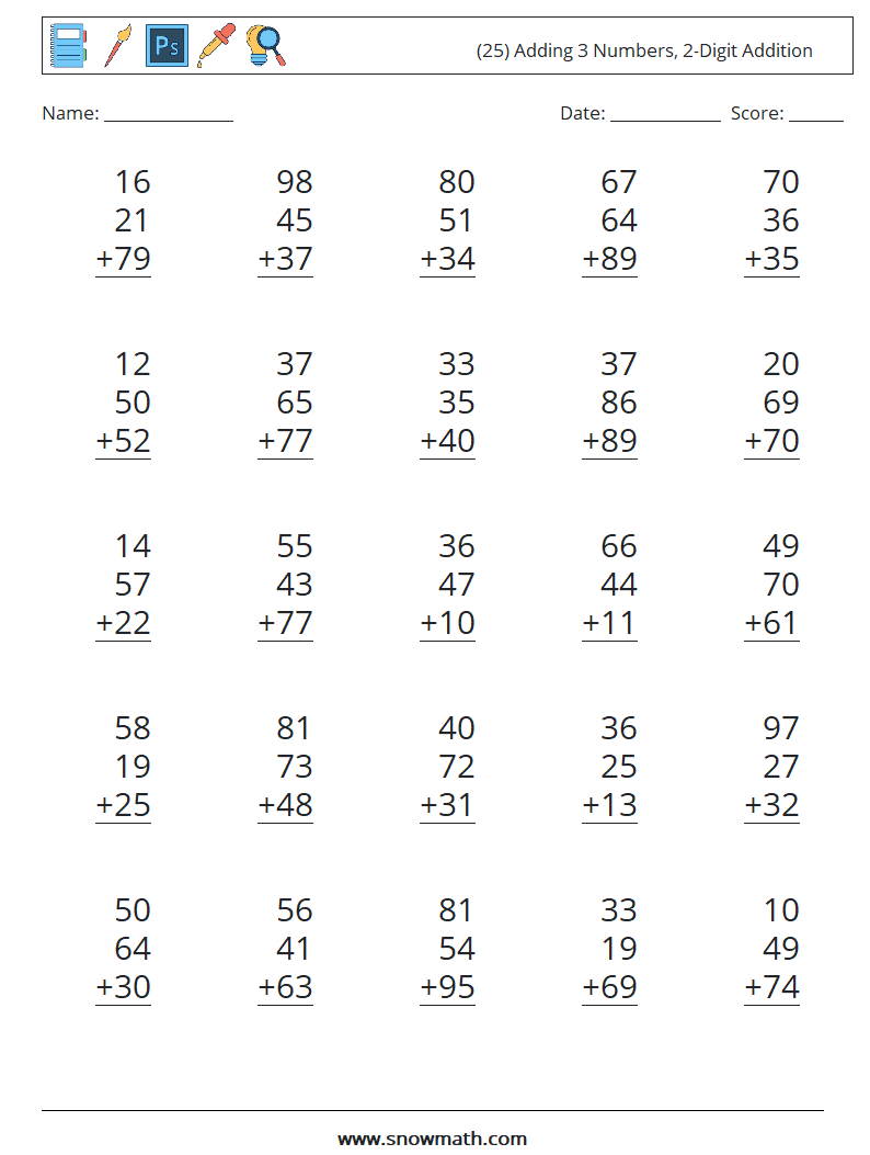 (25) Adding 3 Numbers, 2-Digit Addition Maths Worksheets 18