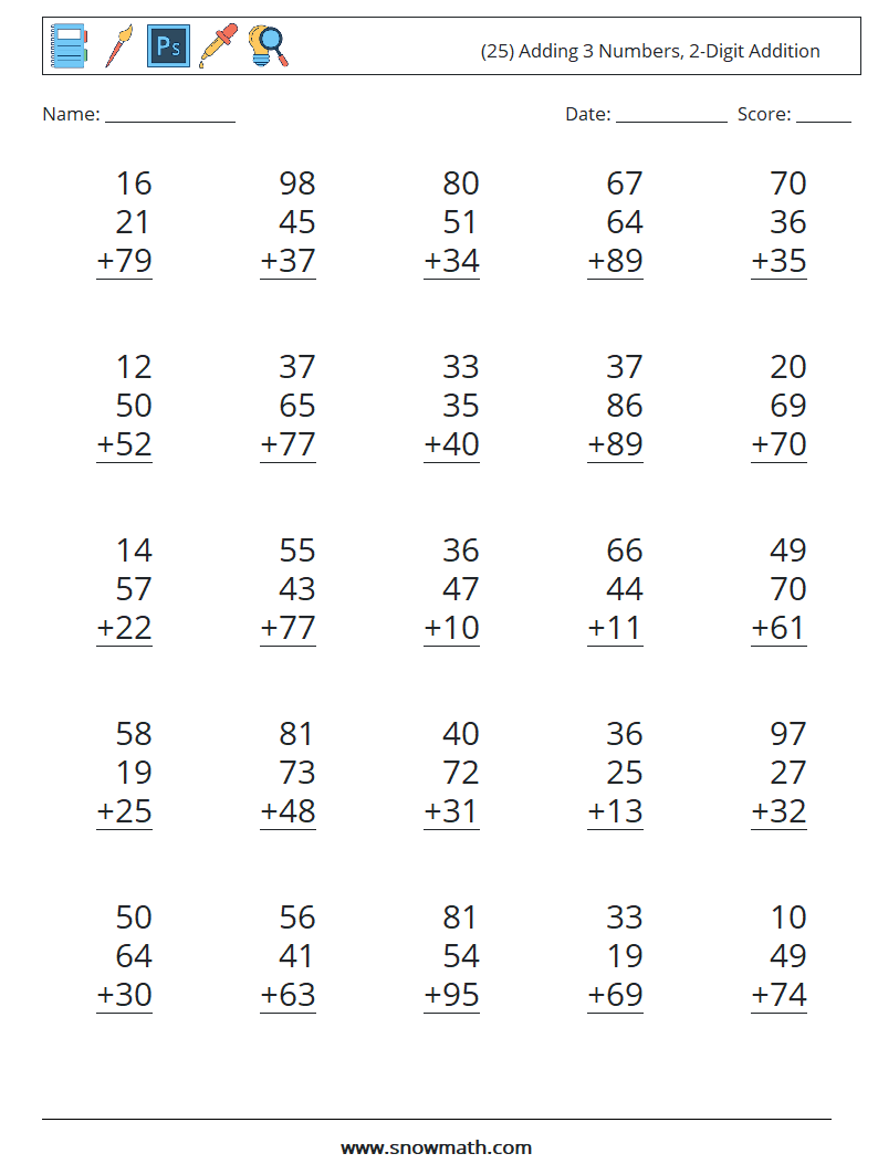 (25) Adding 3 Numbers, 2-Digit Addition Math Worksheets 18