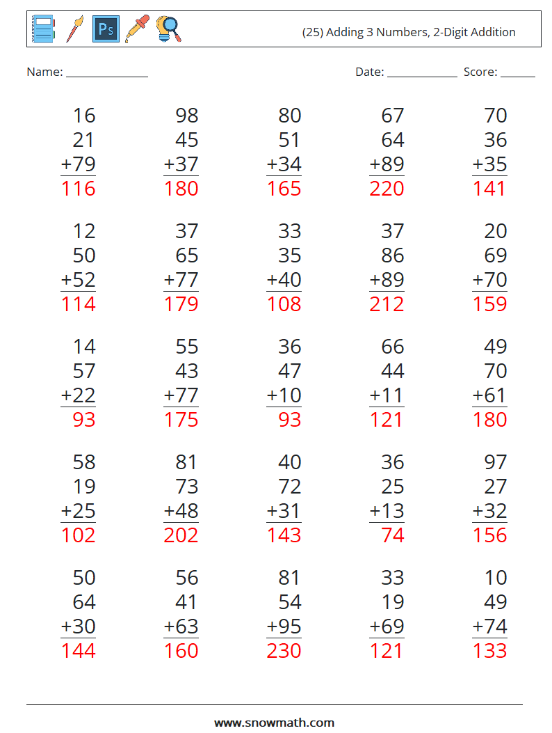 (25) Adding 3 Numbers, 2-Digit Addition Math Worksheets 18 Question, Answer