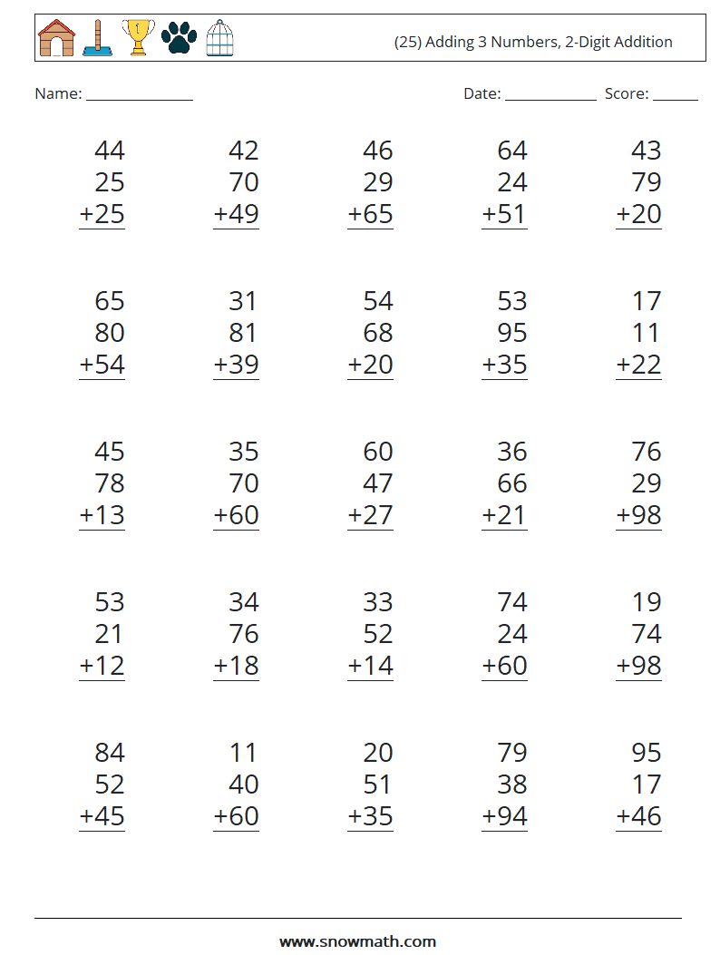 (25) Adding 3 Numbers, 2-Digit Addition Math Worksheets 2