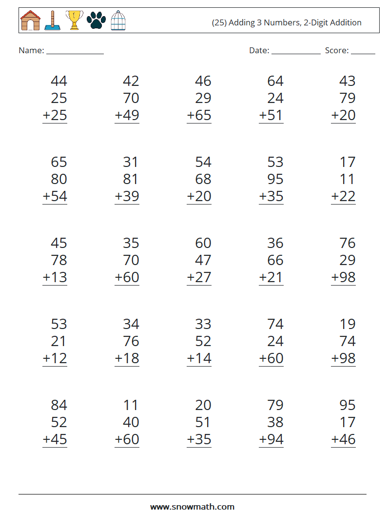 (25) Adding 3 Numbers, 2-Digit Addition Maths Worksheets 2