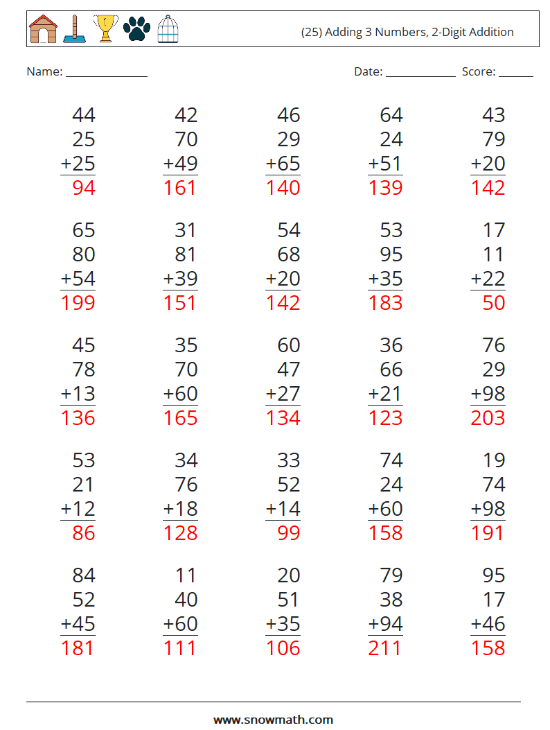 (25) Adding 3 Numbers, 2-Digit Addition Math Worksheets 2 Question, Answer