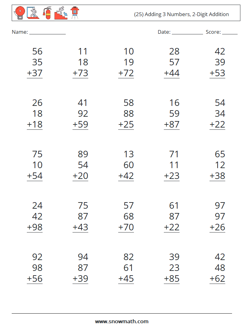(25) Adding 3 Numbers, 2-Digit Addition Math Worksheets 3