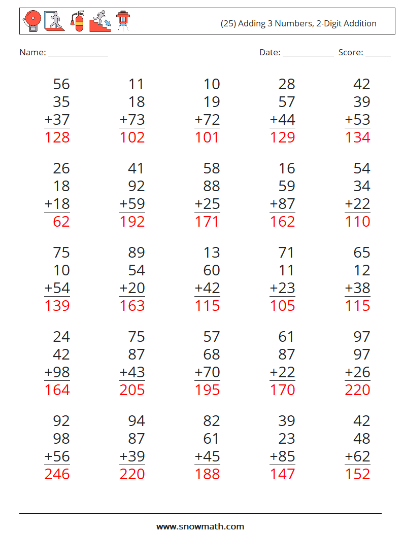 (25) Adding 3 Numbers, 2-Digit Addition Math Worksheets 3 Question, Answer