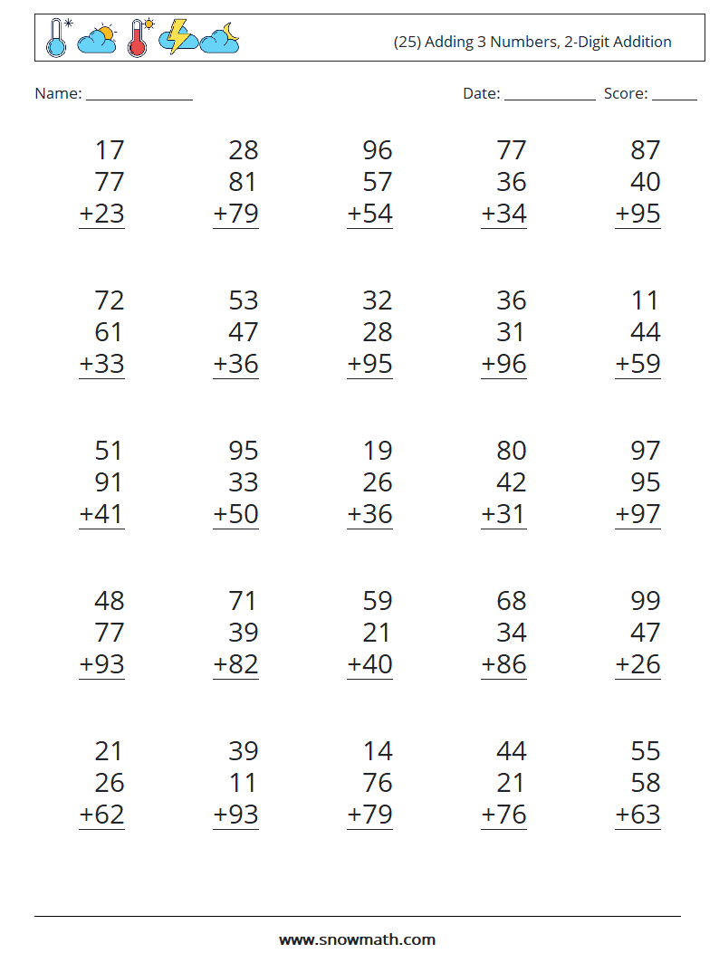 (25) Adding 3 Numbers, 2-Digit Addition Math Worksheets 4