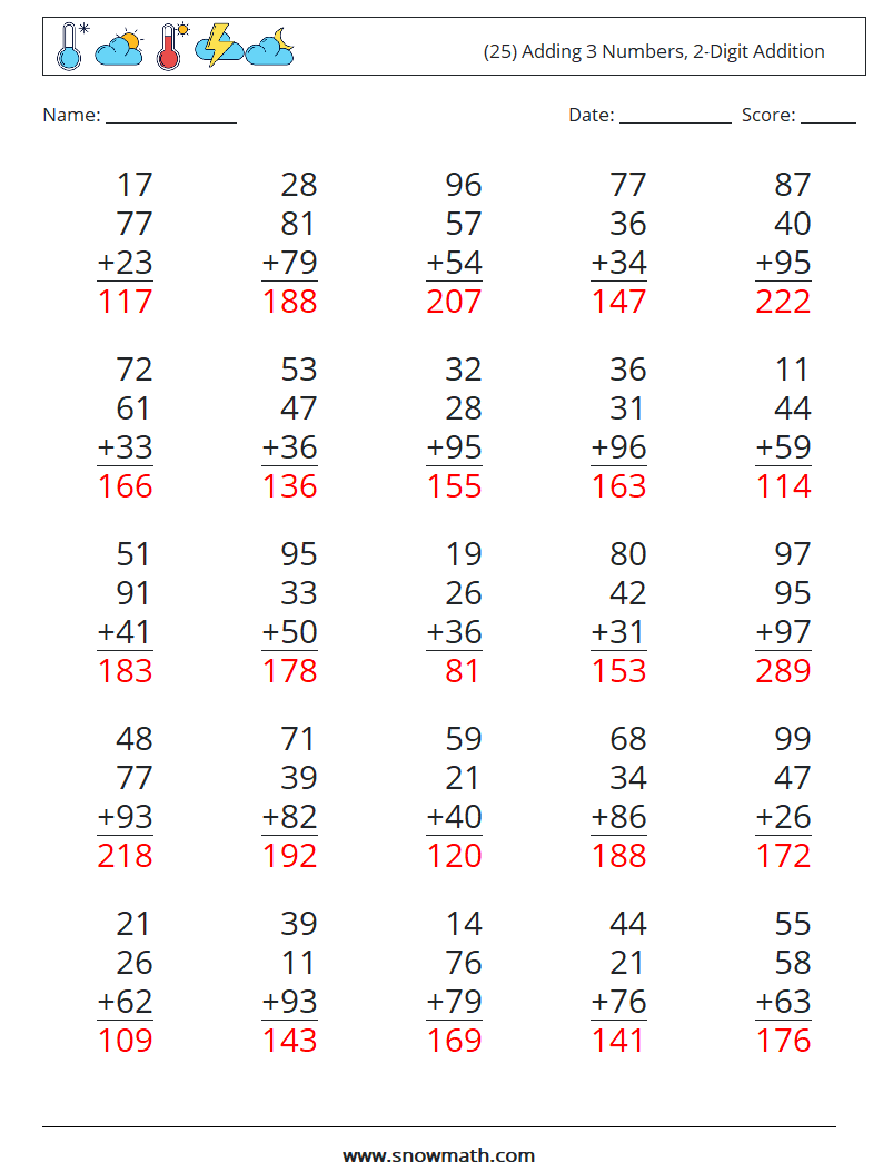 (25) Adding 3 Numbers, 2-Digit Addition Math Worksheets 4 Question, Answer