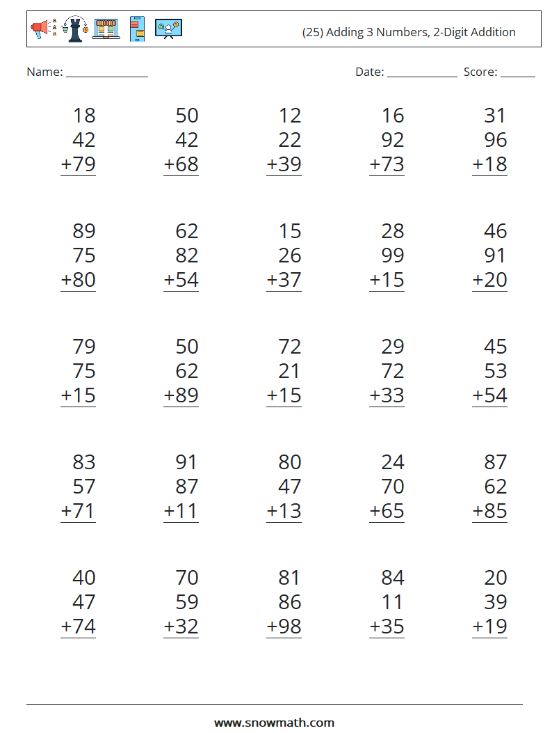 (25) Adding 3 Numbers, 2-Digit Addition Math Worksheets 5