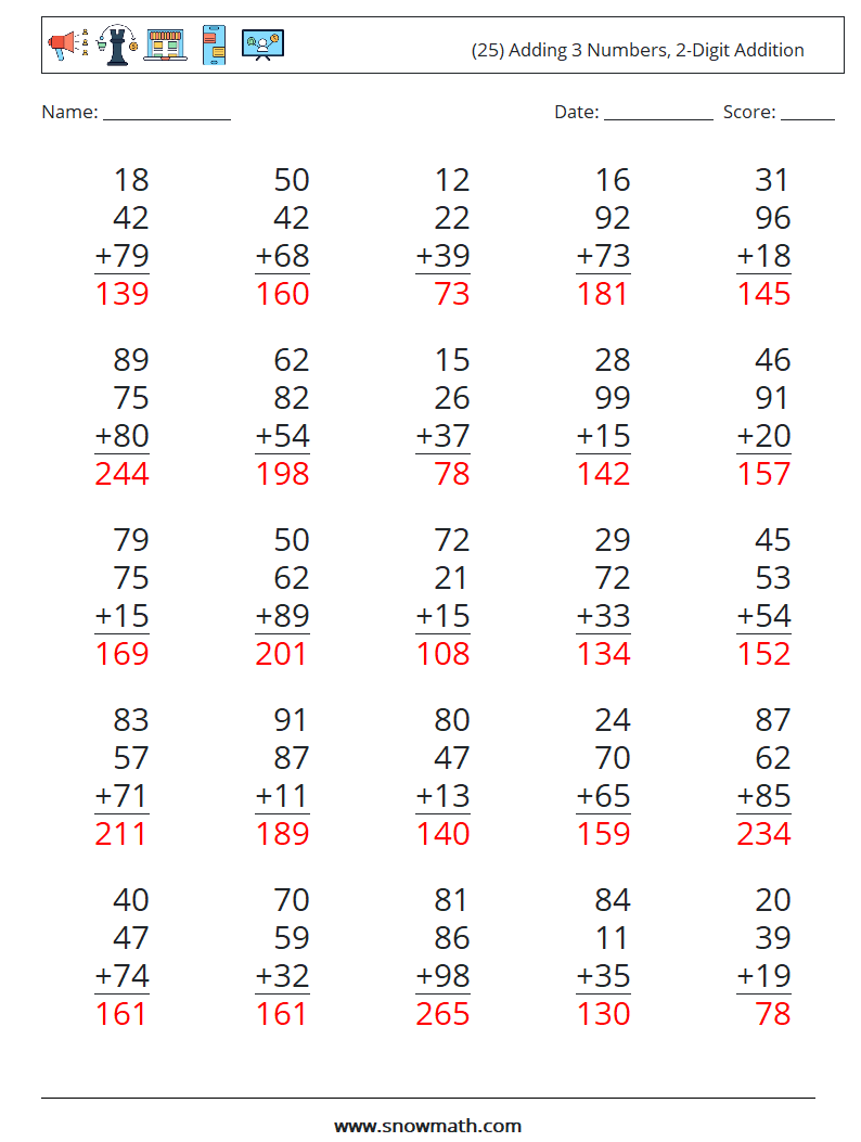 (25) Adding 3 Numbers, 2-Digit Addition Math Worksheets 5 Question, Answer