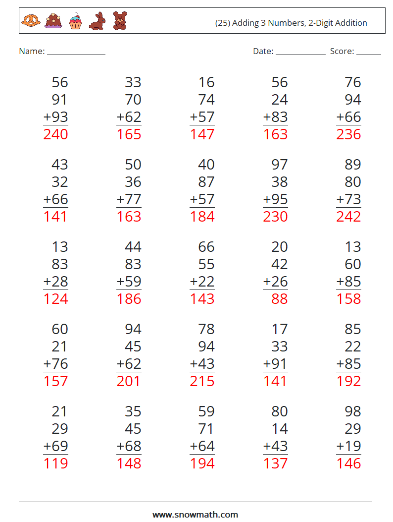 (25) Adding 3 Numbers, 2-Digit Addition Math Worksheets 6 Question, Answer